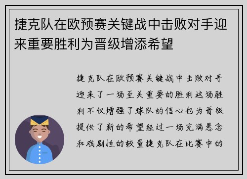 捷克队在欧预赛关键战中击败对手迎来重要胜利为晋级增添希望