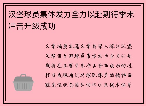 汉堡球员集体发力全力以赴期待季末冲击升级成功